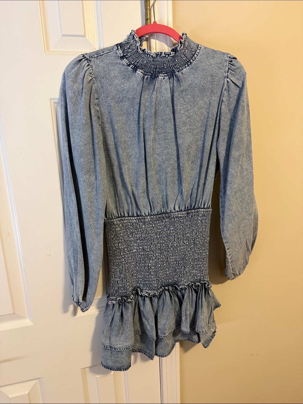 Smocked Waist Denim-Effect Dress in Blue